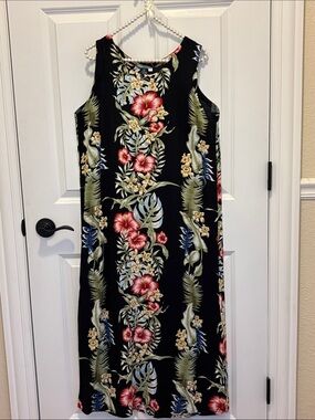 Hibiscus Coll.. Sleeveless Black Maxi Dress Red & Green‎ Tropical Floral🌴Medium